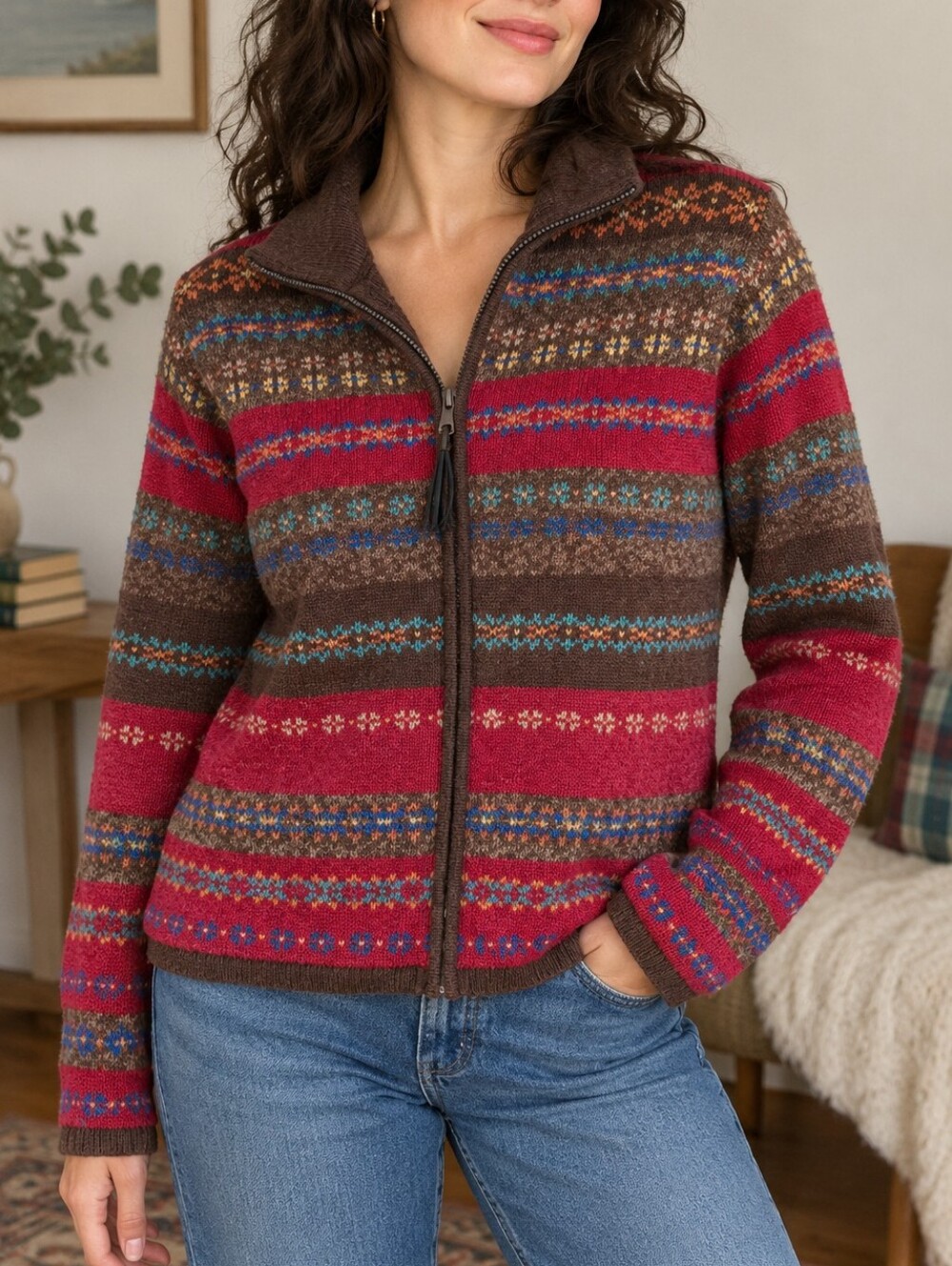 VTG Tiara International Fair Isle Nordic Cardigan Sweater Full Zip Y2K S Granola